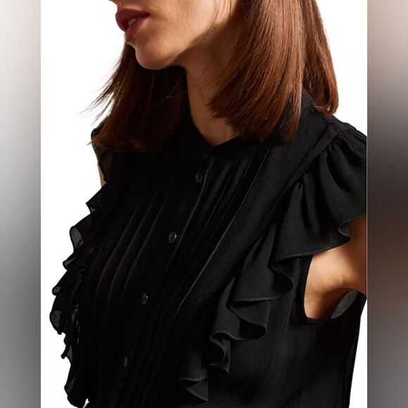 Ted Baker London Black Ruffle Button-Down Blouse - Picture 4 of 6